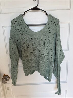 Blue Rain Sage Green Openwork V-Neck Sweater